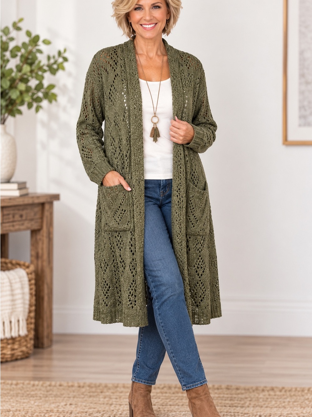 Knox Rose Knit Cardigan Size XL Olive Green Open Long Duster w/ Boho Pockets